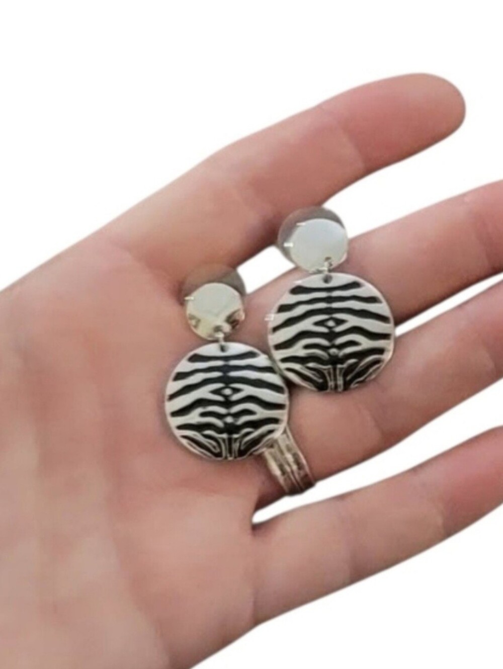 Zebra-Pattern Silver Drop Earrings